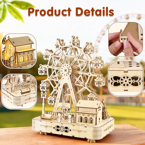 3D Wooden Puzzles for Adults,Musical Ferris Wheel Kit with Lights & Music Box,Room Home Decor DIY Rotating Ferris Wheel Kit for Men Women,Christmas Birthday Gift for Family Friends - style: Rotating ferris wheel