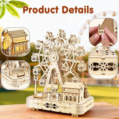 3D Wooden Puzzles for Adults,Musical Ferris Wheel Kit with Lights & Music Box,Room Home Decor DIY Rotating Ferris Wheel Kit for Men Women,Christmas Birthday Gift for Family Friends - style: Rotating ferris wheel