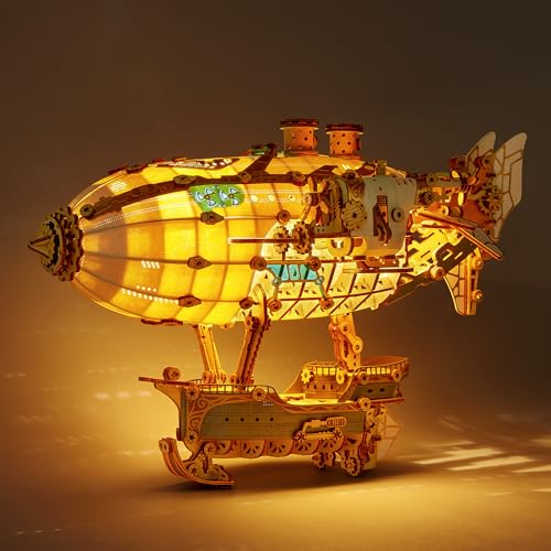 FUNPOLA LED 3D Wood Puzzle Fantasy Airship Model - Steampunk DIY Craft Kit with LED Lights – Intricate Wooden Airship Model Building Set for Adults(White) - color: White
