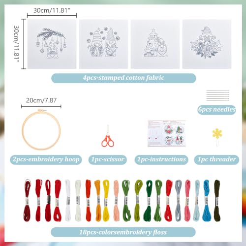 BEUNITONE 4PCS Christmas Gnomes Embroidery Kit Xmas Tree Stamped Cross Stitch Kit Snowflake Mistletoe Needlepoint Kit for Adult Beginner with Instructions - color: 06-Christmas Gnome