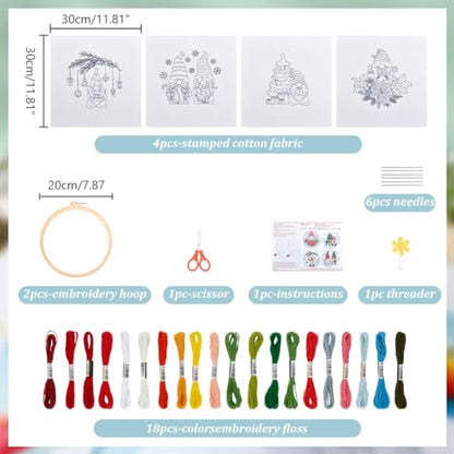 BEUNITONE 4PCS Christmas Gnomes Embroidery Kit Xmas Tree Stamped Cross Stitch Kit Snowflake Mistletoe Needlepoint Kit for Adult Beginner with Instructions - color: 06-Christmas Gnome
