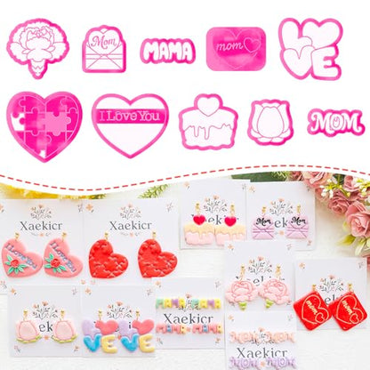 Mother’s Day Polymer Clay Cutters & Stamps Set - 10pcs Sharp & Durable Mom, MAMA, LOVE, Puzzle Heart, Envelope & Cake Shapes for DIY Earring Jewelry Making, Soft Clay Crafts & Holiday Supplies - color: 2L color