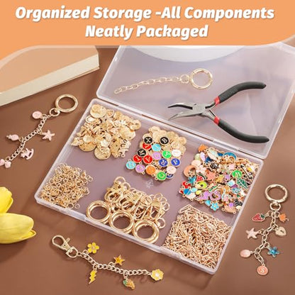 500Pcs Charms Lip Gloss Keychain Making Kit, DIY Craft Supplies with Charms, Key Chain Hooks, Jump Rings, Lobster Clasps, Chains & Tools, Jewelry Making Kit for Custom Keychains, Valentines Gifts - color: Gold-500Pcs Kit