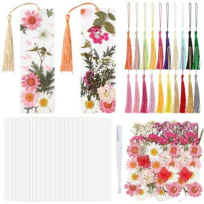 20 Sets Dried Flower Bookmark Making Kit Transparent Bookmark DIY Projects Craft Gift Bulk PET Sticker with Color Tassels and tweezer for Classroom Activities Reading Award and Book Lovers（Summer） - style: Summer