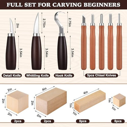 Wood Carving Kit 32 Pcs Wood Carving Tools Includes 20 Pcs Whittling Basswood Blocks 4 Different Sizes with 12 Pcs Whittling Knives kit for Woodworking Beginners Adults Hobby DIY Art Craft