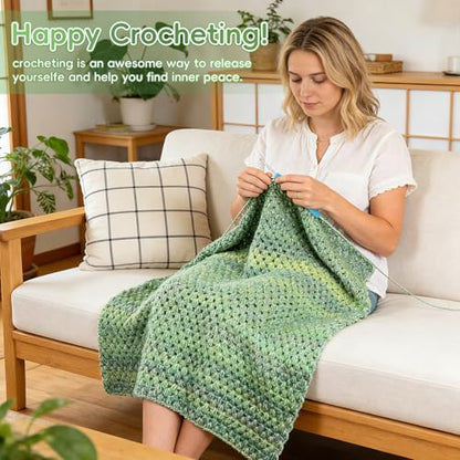 Aeelike Crochet Blanket Kit for Beginners, Easy Crochet Kit, Green Gradient - color: Moss Green Gradient