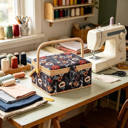 NOTIONSLAND Sewing Basket with Sewing Supplies, Medium Sewing Box for Accessories Storage, Black Red Flower - color: BLACK RED FLOWER