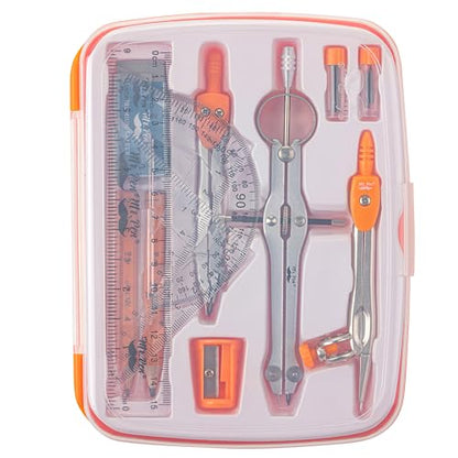 Mr. Pen- Geometry Set, 13 pcs, 3 Metal Compasses, Protractor, 6" Ruler | 45° & 30°/60° Set Squares, Pencils, Lead Refills, Sharpener & Eraser for Math, Drafting & Classroom Use - color: Orange
