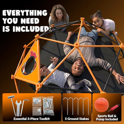 jumpfly 10FT Climbing Dome with Hammock & Ball Toss Game, 880LBS Geometric Dome Climber with Cat Paw Safety Holds, Anti-Rust Outdoor Jungle Gym Play Equipment for Kids 3-12 Years - color: Black/Orange