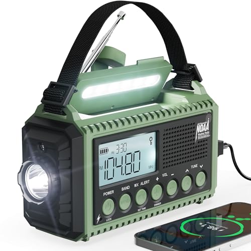 12000mAh Emergency Weather Radio with AM/FM/NOAA/SW, SOS Battery Operated - color: Army Green