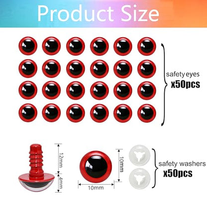 BESTCYC 100pcs 10mm Red Plastic Safety Eyes Craft Eyes with Washers for Amigurumi Dolls Plush Animals DIY Craft Lovers Doll Makers Crochet Craft Supplies - color: Red, size: 10mm