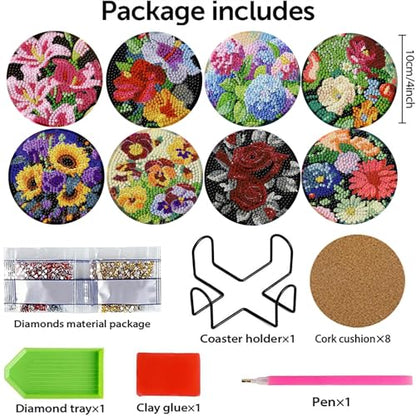 Xylogist 8 Pcs Flowers Diamond Art Coasters with Holder 4X4 inch - color: Flowers Coasters