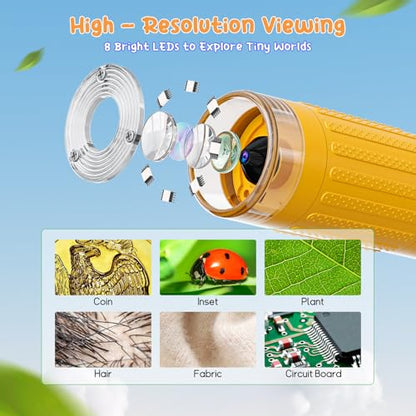 SKYBASIC Digital Microscope for Kids, 2" Screen 1000X Handheld Microscope HD Pocket Portable Microscopes Camera, Science Edu Fun Birthday Gifts Toys for Ages 4-12 Children Students Boys Girls -Yellow - color: 2"-Yellow