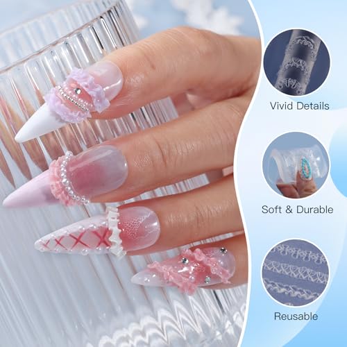 2 Pcs Cream Silicone Nail Molds, 3D Cake Icing Nail Art Mould with Embossed Piping Designs for Gel & Resin, Heart Lace Charms Clear Modeling Templates Nails Mold for Home Salon, Birthday & DIY Craft - color: Cake Cream