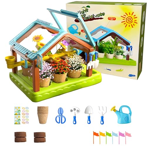 EXBEPE Kids Plant Growing Kit Greenhouse Growing Set with Drip Irrigation System and Grow Light Science Educational DIY Indoor Plant Gardening Toy for Kids