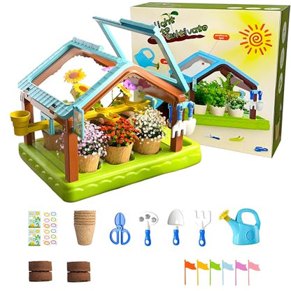 EXBEPE Kids Plant Growing Kit Greenhouse Growing Set with Drip Irrigation System and Grow Light Science Educational DIY Indoor Plant Gardening Toy for Kids