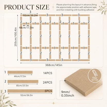 Nuanchu 145" x 100" MDF Premade Board and Batten Paintable Wainscoting Kit