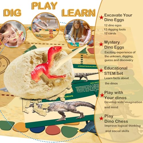 Dino Fossil Eggs Dinosaur Toys - 12 Dinosaur Eggs Dig Excavation Kit w Play Mat for Kids Ages 5-7 Easter Basket Essentials STEM Toy Christmas Birthday Gift for Boys Girls 3 4 5 6 7 8 + 8-13 Years Old