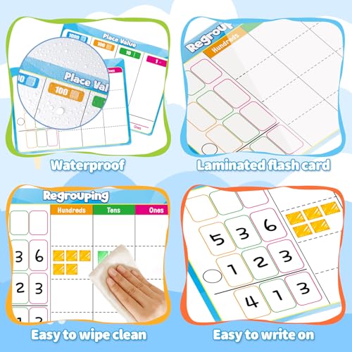 12 Pack Place Value Dry Erase Flash Cards Chart, 9" x 12" Base Ten Addition and Subtraction Math Manipulatives 1st 2nd 3rd Grade Classroom Must Haves Teacher Homeschool Supplies Essential - color: Blue