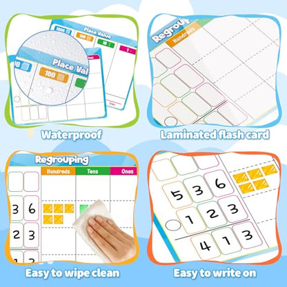 12 Pack Place Value Dry Erase Flash Cards Chart, 9" x 12" Base Ten Addition and Subtraction Math Manipulatives 1st 2nd 3rd Grade Classroom Must Haves Teacher Homeschool Supplies Essential - color: Blue