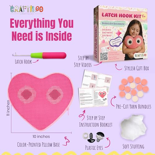 Latch Hook Kit for Kids - Googly Eyes Heart Rug Pillow Craft, Ages 6+ - style: Googly Heart Pillow