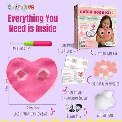 Latch Hook Kit for Kids - Googly Eyes Heart Rug Pillow Craft, Ages 6+ - style: Googly Heart Pillow