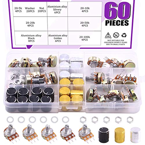Swpeet 60PCS B5K 10K 20K 50K 100K Ohm Knurled Shaft Linear Rotary Taper Potentiometer with 20Pcs 3 Different Kinds Aluminum Alloy Knob(WH148) and 40Pcs Washers and Nuts Kit for Tinkering - style: Aluminum