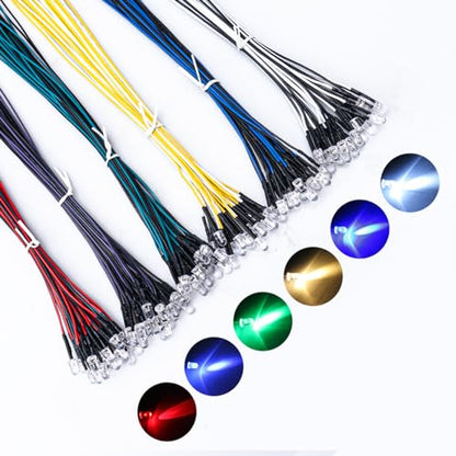 DiCUNO 120Pcs (6 Colors × 20Pcs) 5MM Pre Wired 12V LED Diodes, 9.4" Lead - color: 6 Colors