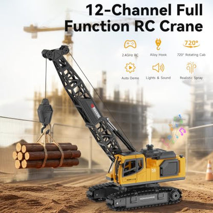 Remote Control Crane Toy for Boys, 2.4GHz RC Crawler Crane with Metal Hook & 2x1200mAh Batteries, 1:18 12-Ch RC Construction Vehicle with Lights, Sound,Spray, Birthday Gift for Kids Ages 8-12 - size: 7.3*4.5*7.5IN