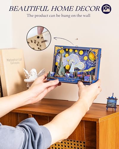 Rowood Starry Night 3D Puzzles for Adults,Mother's Day DIY Wooden Vincent Van Gogh Painting Artwork Craft Kit Building Set with LED,Home Decor Botanical Collection Gift for Family on Christmas - style: The Starry Night