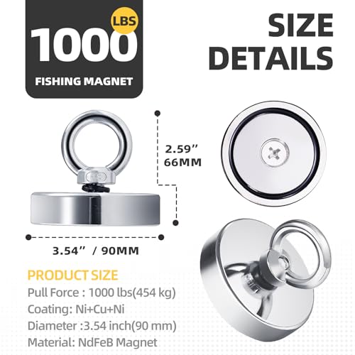 1000 LBS Super Strong Neodymium Fishing Magnet, D90 Set, Red, Round, Utility Magnet, Magnetic Fishing, Heavy Hanging - size: D90 Set