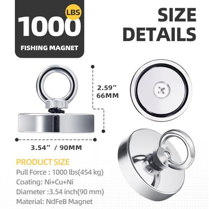 1000 LBS Super Strong Neodymium Fishing Magnet, D90 Set, Red, Round, Utility Magnet, Magnetic Fishing, Heavy Hanging - size: D90 Set