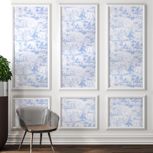 Pangda 3 Set Peel and Stick Wall Molding Kit 54 x 24 in 3D Pre Cut Accent Molding Wainscoting Panel with 24 in x 20 ft Blue and White Toile Wallpaper and 8 Pcs Smoothing Tool Kit Trim DIY Walls Decor