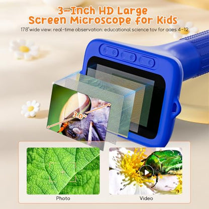 SKYBASIC Digital Microscope for Kids, 3" Screen 1000X Handheld Microscope HD Pocket Portable Microscopes Camera, Science Edu Fun Toys for Ages 4-12 Children Students Boys Girls -Blue - color: 3"-Blue