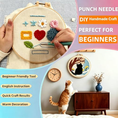 DIY Punch Needle Kits Penguins Family Snow Mountain with Hoop 20x20cm-1 - color: 11-Penguins
