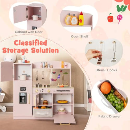 Costzon Kids Kitchen Playset, Wooden Pretend Play Kitchen w/Real Lights & Sounds, Chalkboard, Microwave, Ice Maker, Dishwasher, Sink, Cookware Accessories, Play Kitchen for Kids Ages 3+ (Pink) - color: Wooden Pink
