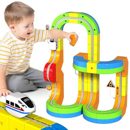 Electric Train Set for Kids, 69Pcs 3D Flexible Race Track Set with Electric Train, Traffic Signs, STEM Train Toy Set for Boys and Girls Aged 3+ Years Old Birthday Gift - color: Yellow - 69pcs