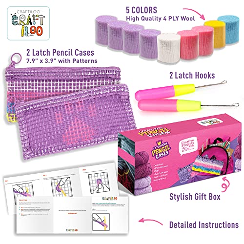 CRAFTILOO Latch Hook Kit for Kids Ages 8-12 - 2 DIY Rug Pencil Cases - color: Latch Pencil Cases Stripes