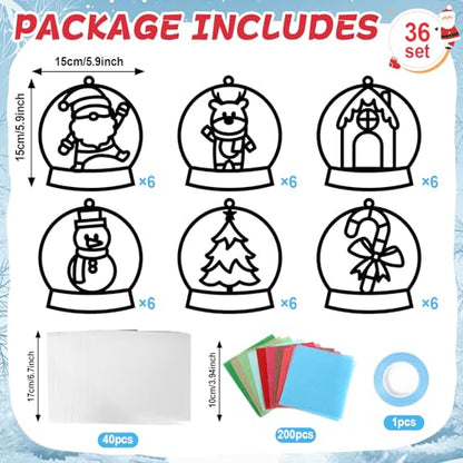Qyeahkj 36 Set Winter Christmas Suncatchers Craft Kit for DIY Santa Snowman Reindeer Globe Tissue Paper Craft Kit Hanging Decor for Xmas Home Activity Art Project Birthday Party Favor Gift - style: Christmas Snow Globe