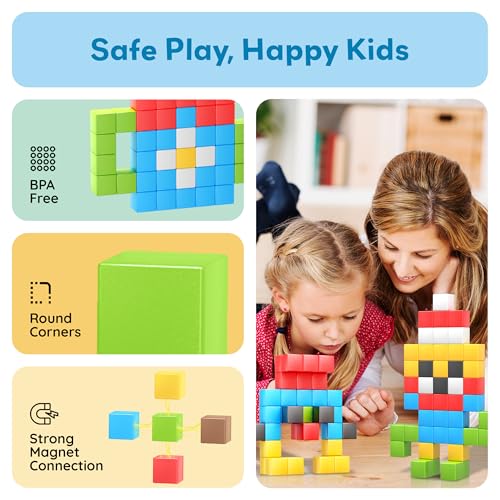 PicassoTiles 102pcs Pixel Magnetic Puzzle Cube 1” Pixel Mix & Match Toys with Ideabook STEM Education Learning Building Block Magnets Construction ToySet Stacking Creative Kit for Kids Age 3+ PMC102 - style: 102pc