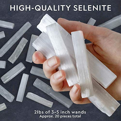 National Geographic Selenite Crystal Set - 2 lbs of Bulk Selenite Wands & 5 Premium Crystals, Rose Quartz, Hematite, Aventurine, Blue Quartz, Raw Crystals, Gemstones