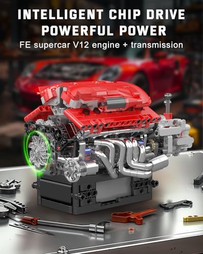 Mould King 10226 Engine Model Kit that Runs- Build Your Own STEM V12 Model Engine with Transmission, 12-Cylinder Supercar Engine kit Building Engineering Toys for Adults Collections (863+PCS) - style: MK-10226