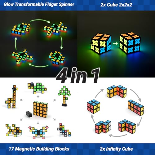 TOSY Magnet Fidget Spinner Glow - 16 Blocks, 3 in 1 Toy: Transformable Fidget Spinner, Infinity Cube, 2x2 Puzzle Cube, Glow, STEM/STEAM Magnet Tiles Birthday Gift for Kids/Boys/Girls/Adults, 2-Pack - color: Glow B (Set of 2)