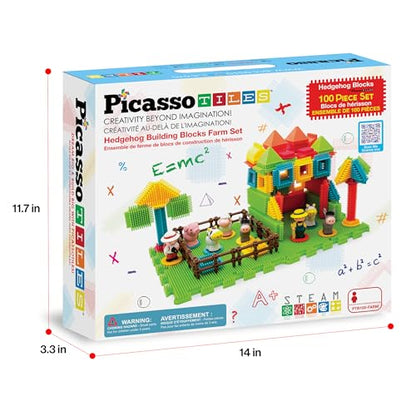 PicassoTiles PTB100 100pcs Hedgehog Shape 3D Building Blocks Tiles Farm Theme Set Learning Playset STEM Toy Set Educational Kit Child Branin Development Preschool Kindergarten Toy - color: Multicolored