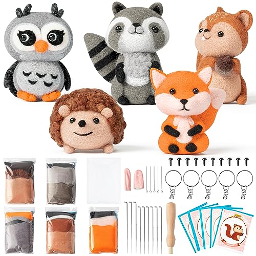 WATINC Needle Felting Kit - 5 Set Unique Different Cute Doll Wool Felt Needle Tools Foam Pad Instruction, DIY Home Decoration Craft Party Supplies for Art Work Starter Beginners (Woodland Animal) - style: Woodland Animal
