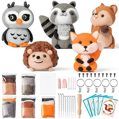 WATINC Needle Felting Kit - 5 Set Unique Different Cute Doll Wool Felt Needle Tools Foam Pad Instruction, DIY Home Decoration Craft Party Supplies for Art Work Starter Beginners (Woodland Animal) - style: Woodland Animal