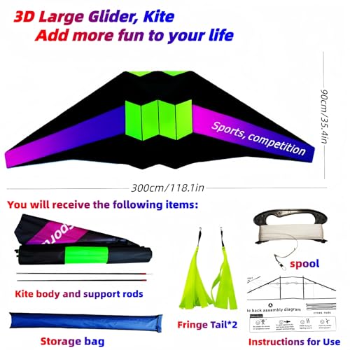 118.1-inch Giant Box Kite Adult Size Kite with Tassel Tail and 300-foot Flying Line | Perfect for Beach and Park Fun | Ideal - color: Black, green, and pink