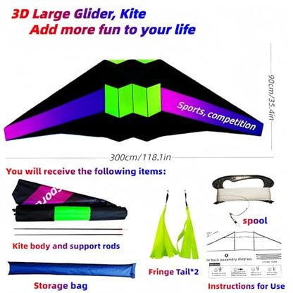 118.1-inch Giant Box Kite Adult Size Kite with Tassel Tail and 300-foot Flying Line | Perfect for Beach and Park Fun | Ideal - color: Black, green, and pink