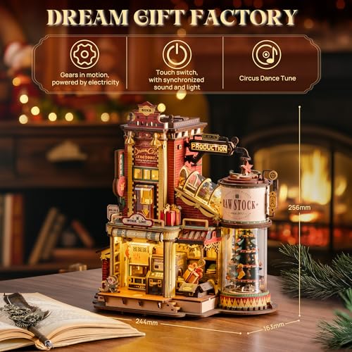 ROKR 3D Puzzle for Adults Christmas Dream Gift Factory Wooden Model Kit Luminous Factory DIY Dollhouse Kit Building with Music, Lights and 5 Elves for Adults