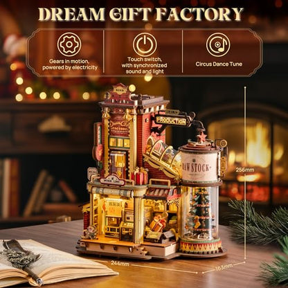 ROKR 3D Puzzle for Adults Christmas Dream Gift Factory Wooden Model Kit Luminous Factory DIY Dollhouse Kit Building with Music, Lights and 5 Elves for Adults
